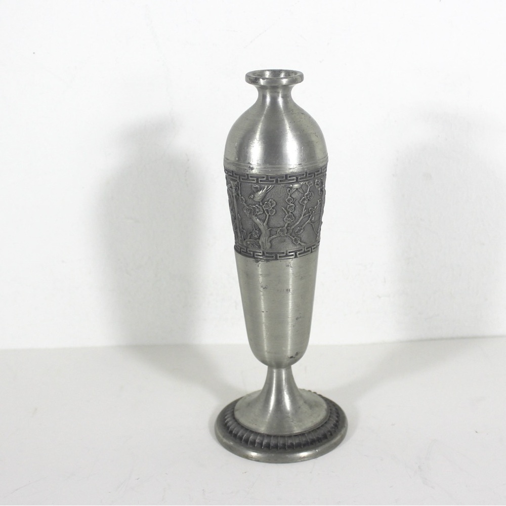 Vintage Pewter Bud Vase Chinoiserie Style, Bird Cherry Blossom Bamboo